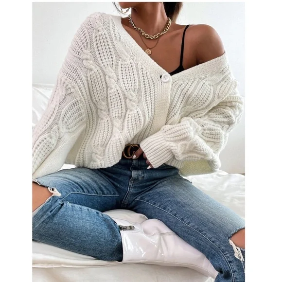 White Cable Knit Button Front Cardigan - Picture 4 of 7